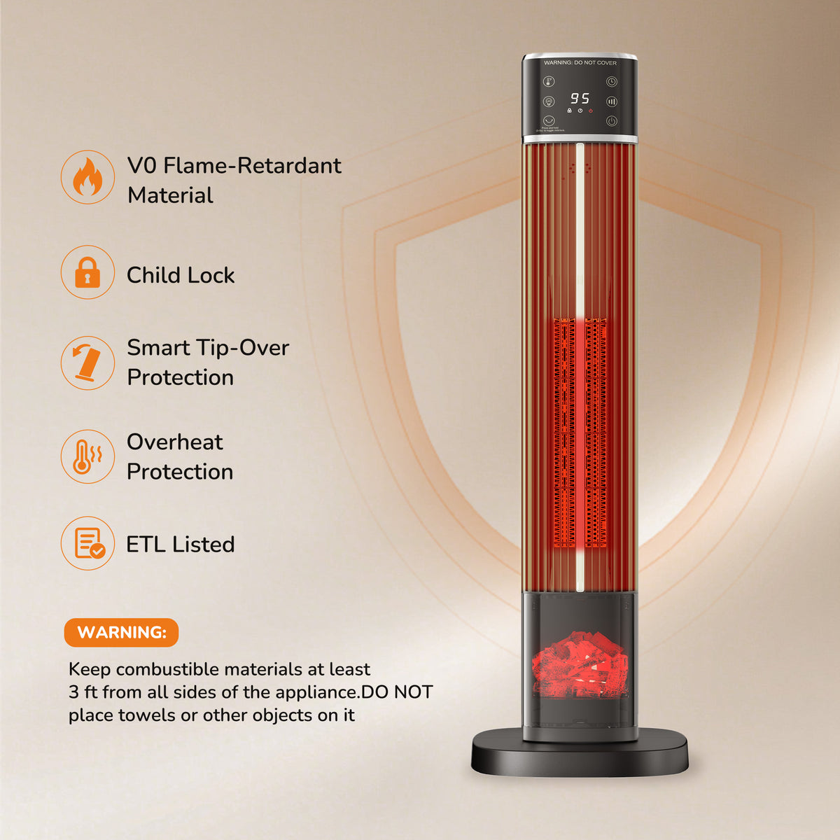 JIOABL Tall Tower Flame Heater | 1500W, 4 Functions, 3s Quick Heat, 2 Heat Settings, Low Noise, Oscillation & Timer