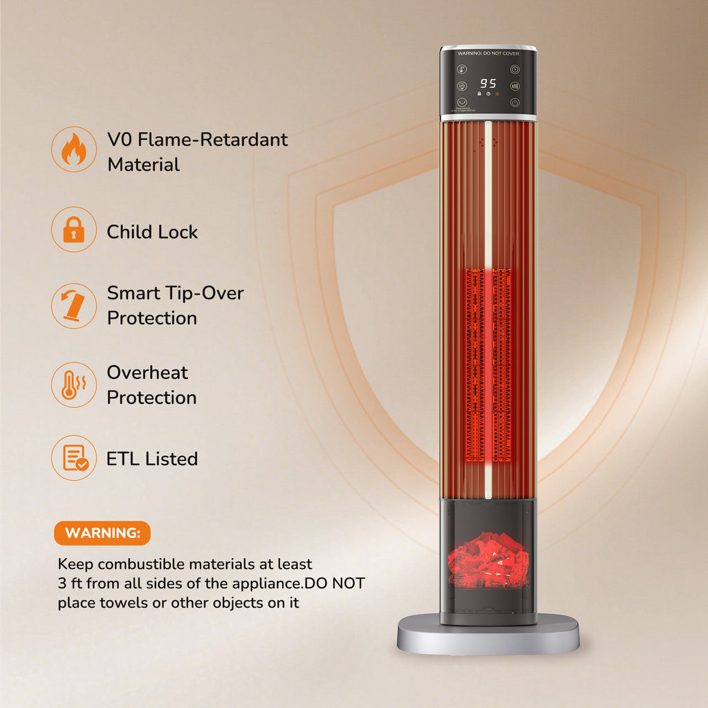 JIOABL Tall Tower Flame Heater | 1500W, 4 Functions, 3s Quick Heat, 2 Heat Settings, Low Noise, Oscillation & Timer