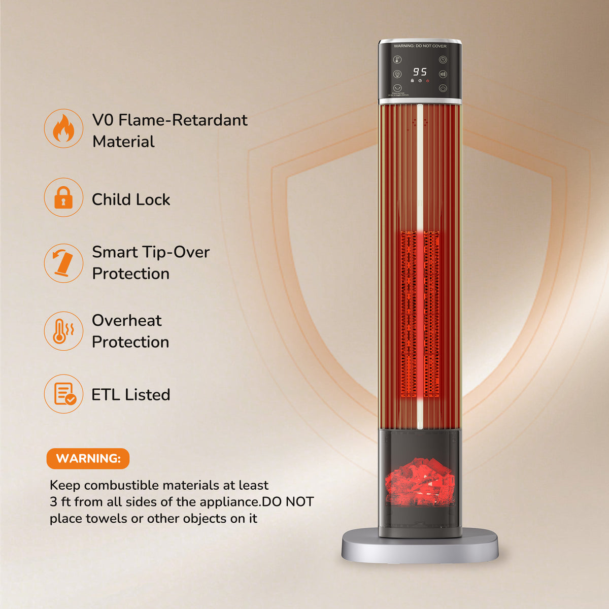 JIOABL Tall Tower Flame Heater | 1500W, 4 Functions, 3s Quick Heat, 2 Heat Settings, Low Noise, Oscillation & Timer