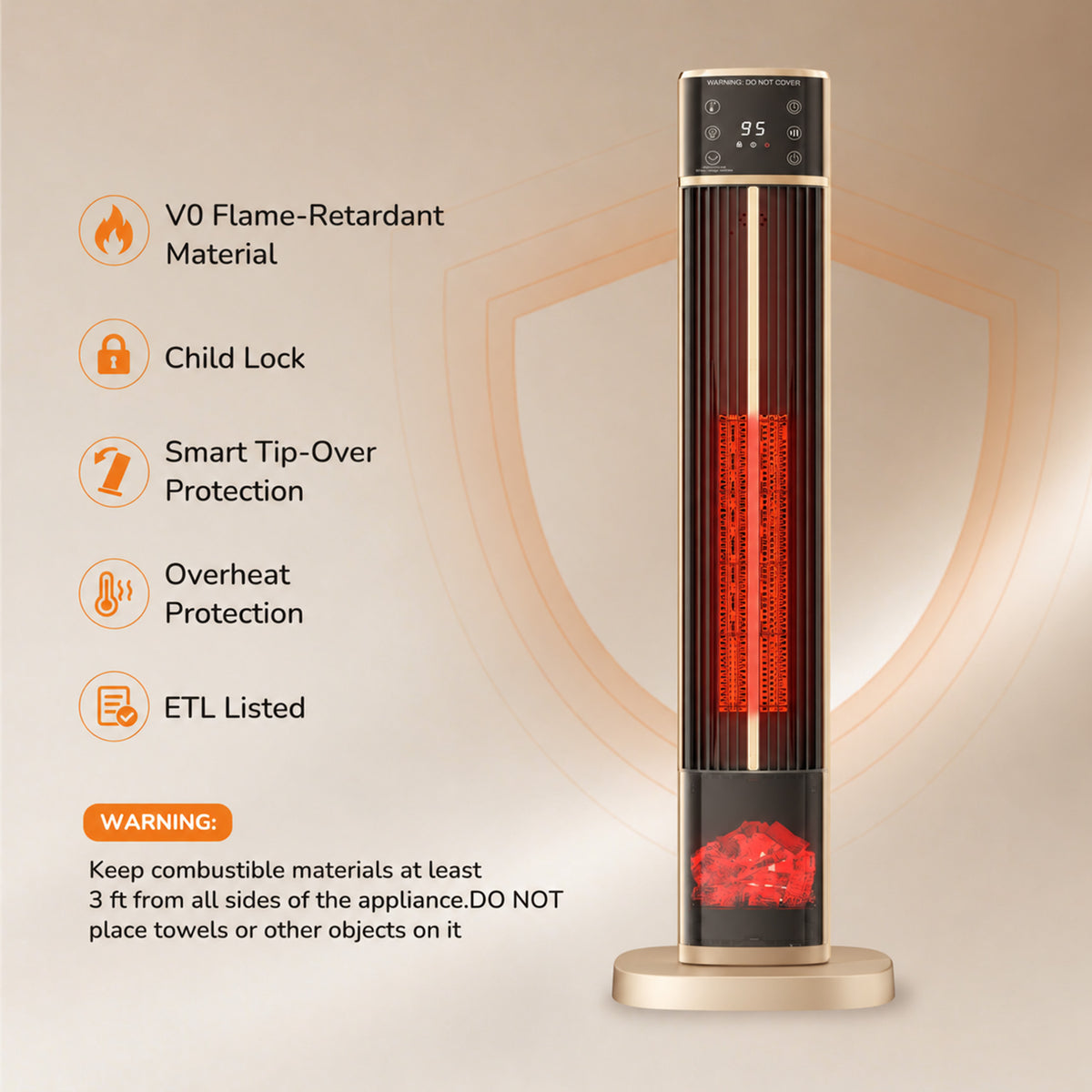 JIOABL Tall Tower Flame Heater | 1500W, 4 Functions, 3s Quick Heat, 2 Heat Settings, Low Noise, Oscillation & Timer