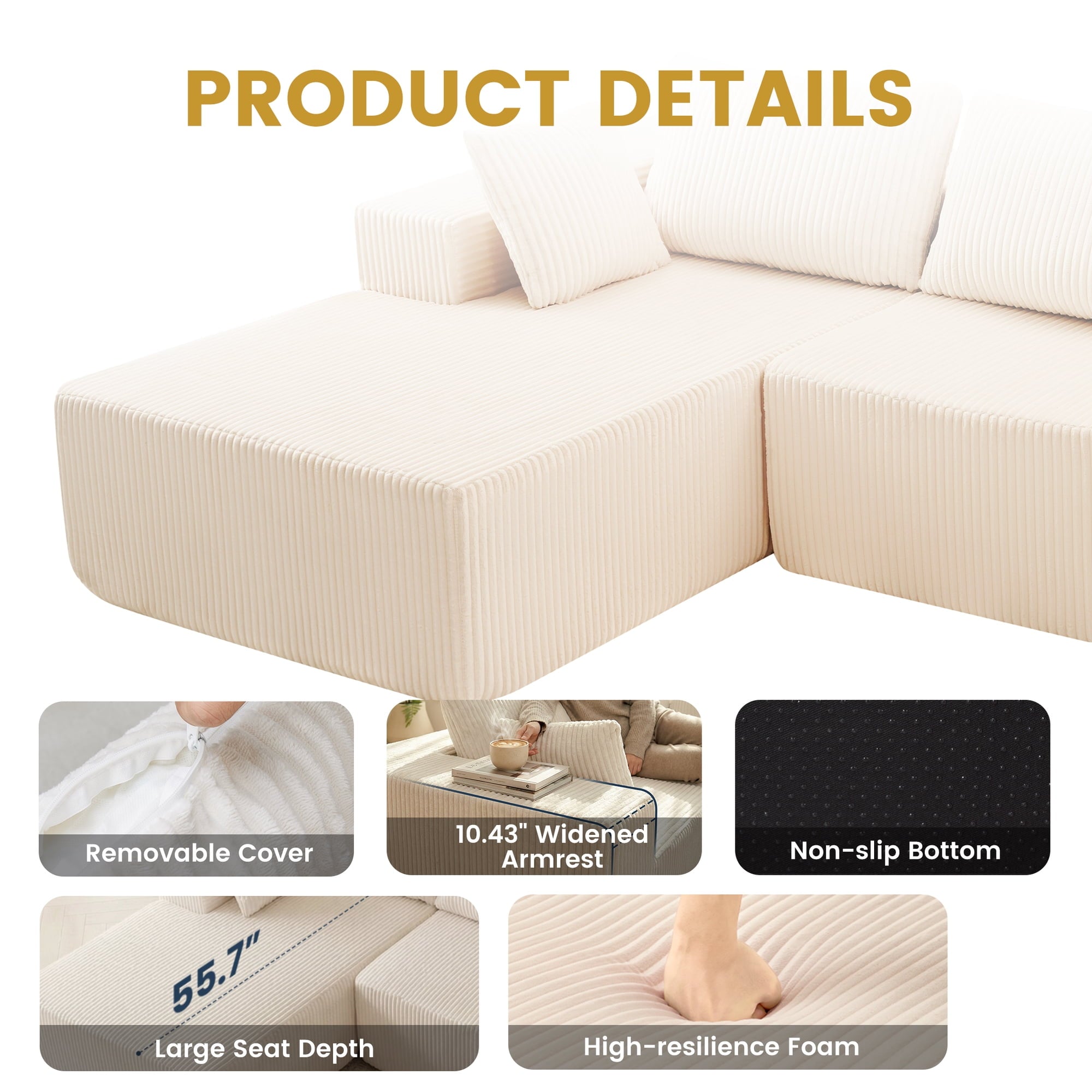 JIOABL 108" Modular Sectional Sofa, Fluffy Memory Foam Upholstered Couch, 4 Seat Modular Sofa for Living Room, Chaise Lounge