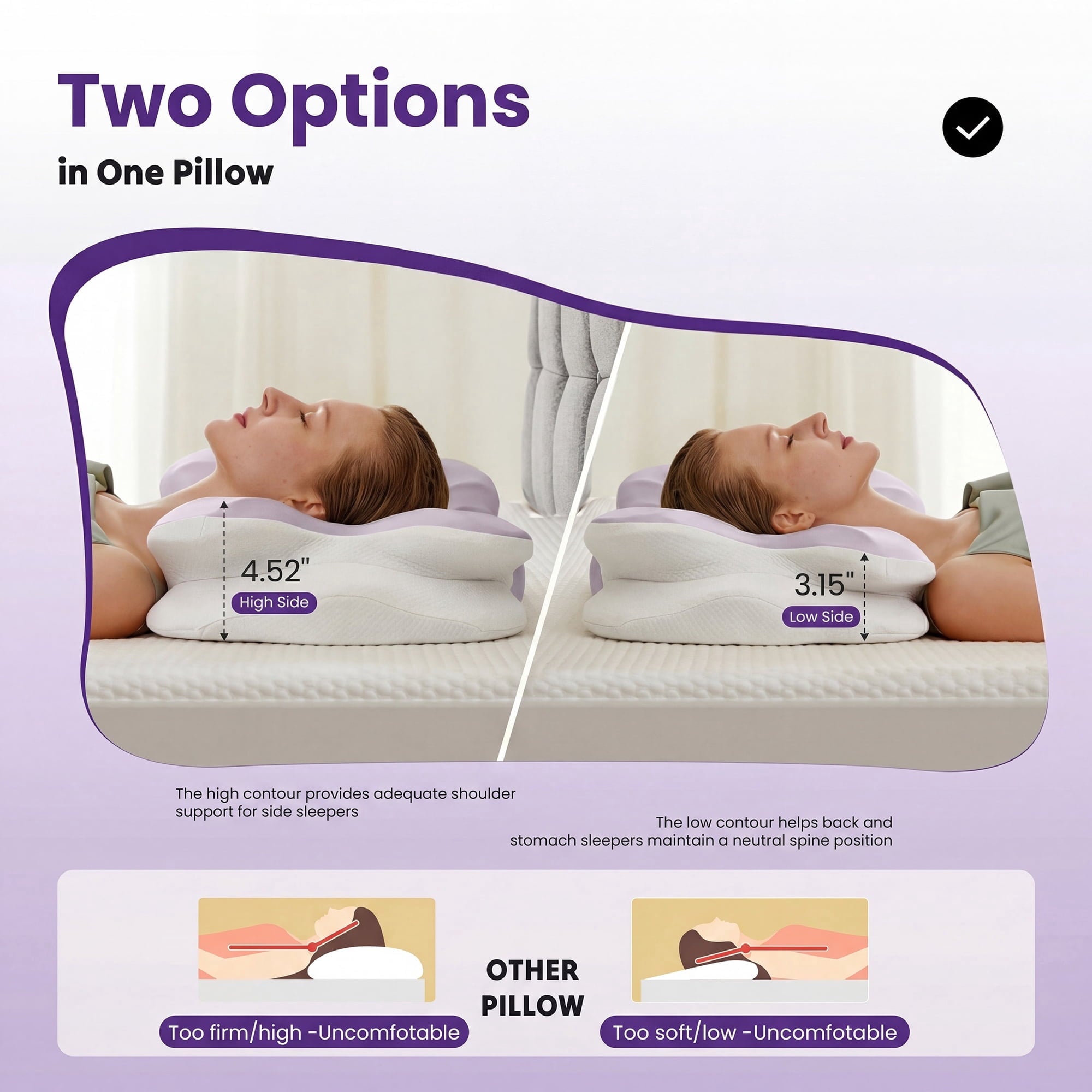 JIOABL Cervical Memory Foam Pillow, Contour Design with 2 Heights, Breathable Cover, Neck Support for Side Back Sleepers