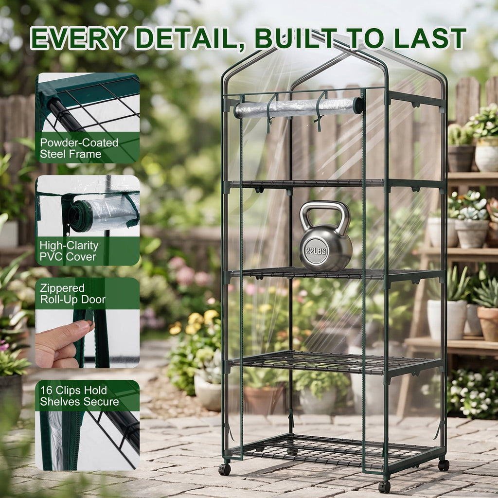 JIOABL 4-Tier Mini Greenhouse with Clear PVC Cover & Wheels, Portable Plant Grow House with Zipper Door, Steel Frame for Indoor & Outdoor Garden, Clear