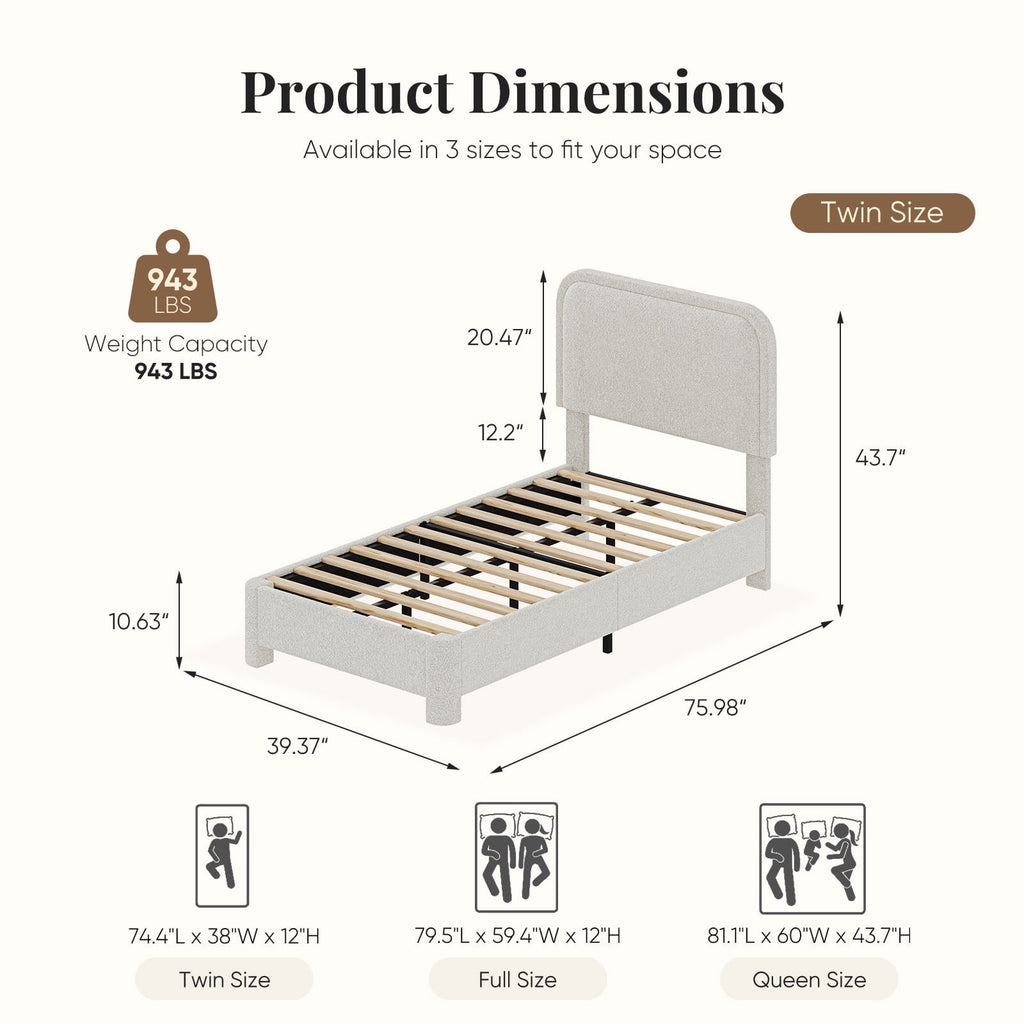 JIOABL Upholstered Platform Bed Frame with Adjustable Headboard, Teddy Fleece Fabric, No Box Spring Needed, White