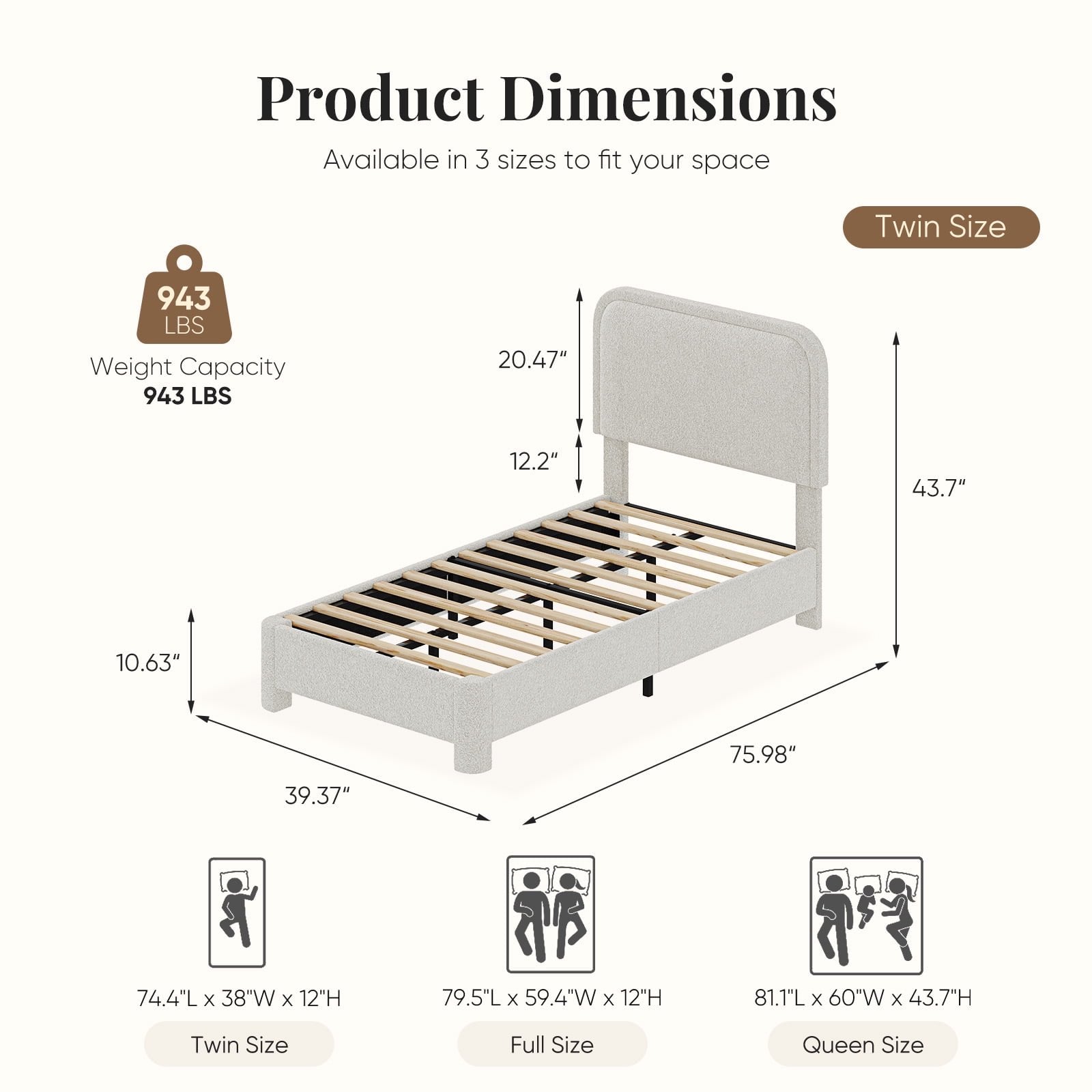 JIOABL Upholstered Platform Bed Frame with Adjustable Headboard, Teddy Fleece Fabric, No Box Spring Needed, White