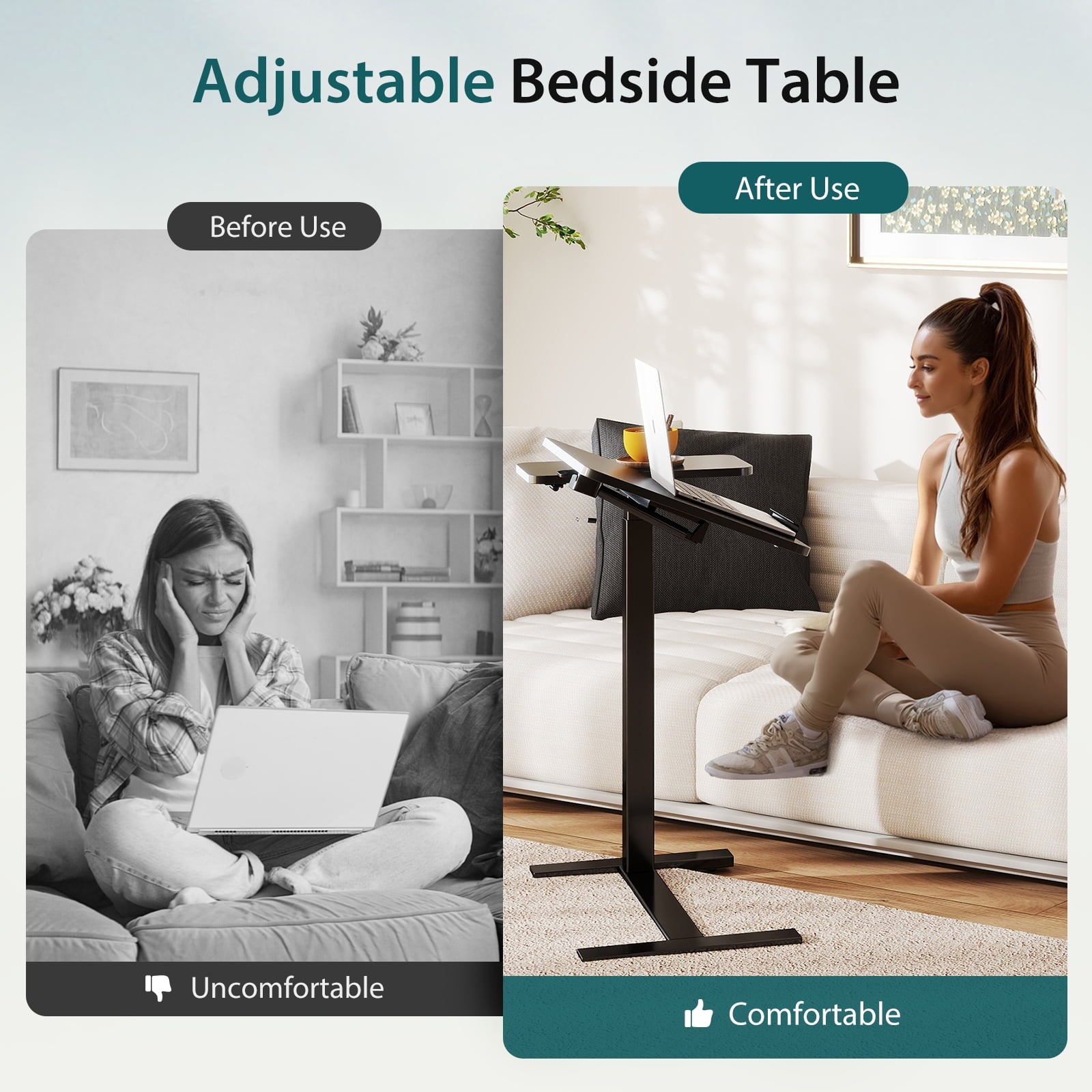 JIOABL Adjustable Overbed Bedside Table with Hidden Wheels for Hospital