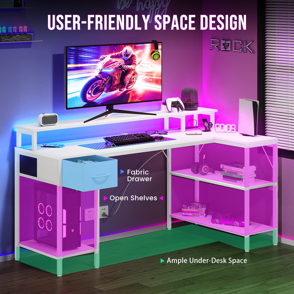 JIOABL L Shaped Computer Gaming Desk with USB Charging Ports & LED Lights, Reversible Corner Table with Power Outlets Monitor Stand for Home Office