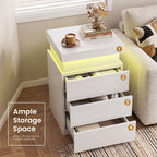 JIOABL Nightstand with Charging Station and RGB LED Light, 3 Drawers, Sliding Top, Bedside Table for Bedroom, Living Room and Dorm