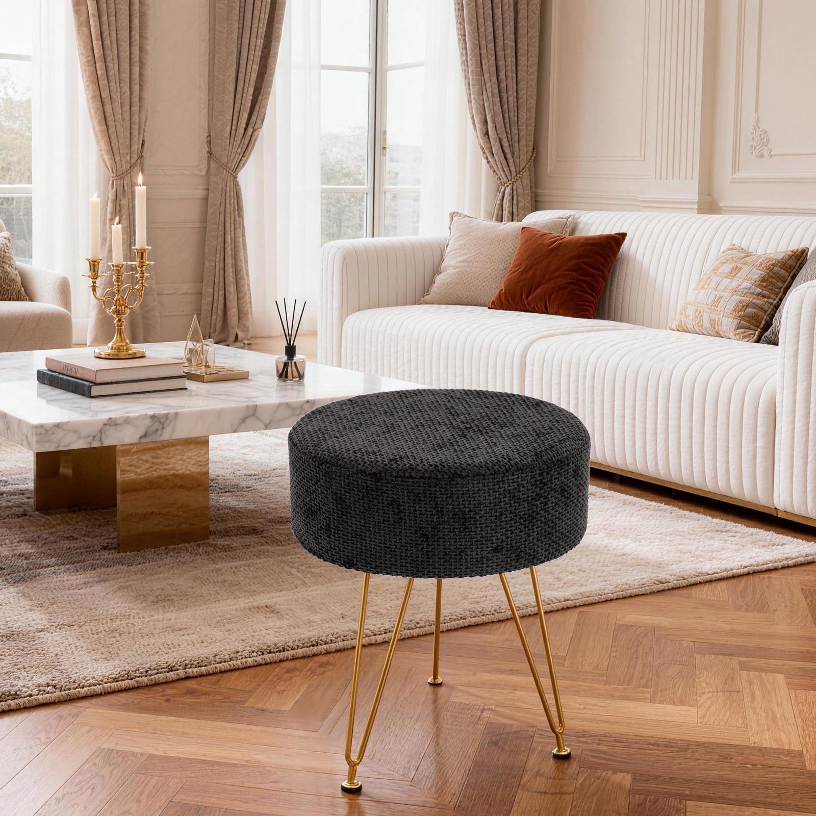 JIOABL Ottoman Foot Stool & Vanity Stool, 350lbs Capacity, Thick Cushion, Gold Metal Legs, for Bedroom & Living Room