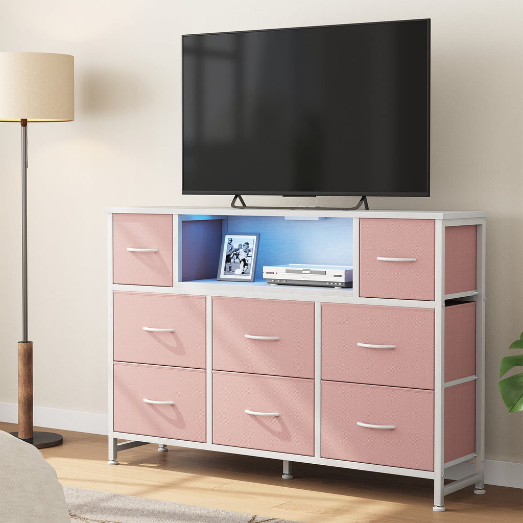 JIOABL TV Stand with  Fabric Drawers & Power Outlet, LED TV Console with USB & Type-C, Storage Dresser for Living Room