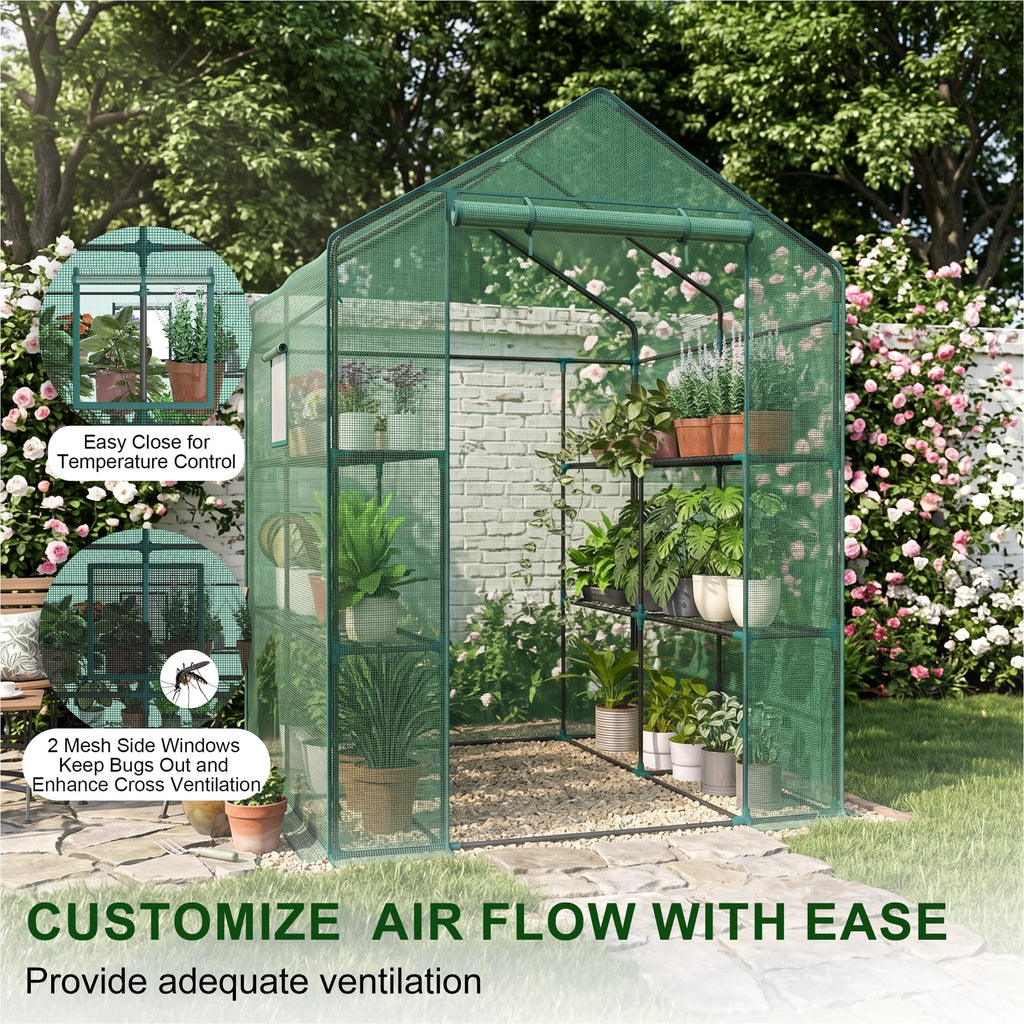 JIOABL 3-Tier Walk-In Greenhouse with PE Cover, Roll-Up Zipper Door & Side Windows, Steel Frame, Outdoor Plant Greenhouse for Garden, Patio, Green
