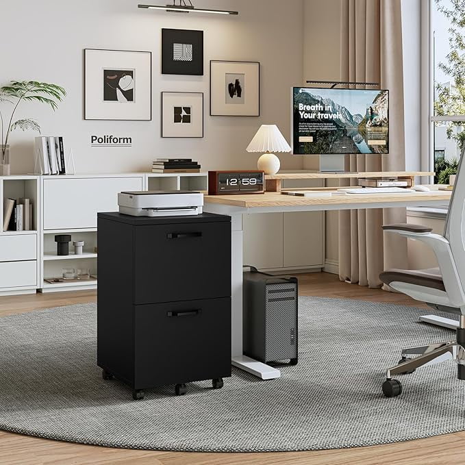 JIOABL 2 Drawer Rolling File Cabinet with Lockable Wheels, Mobile Printer Stand with Storage, Steel Frame, 1 Set