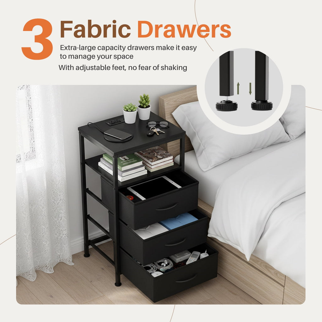 JIOABL Nightstand with USB & Type-C Charging, Fabric Drawers, Metal Frame