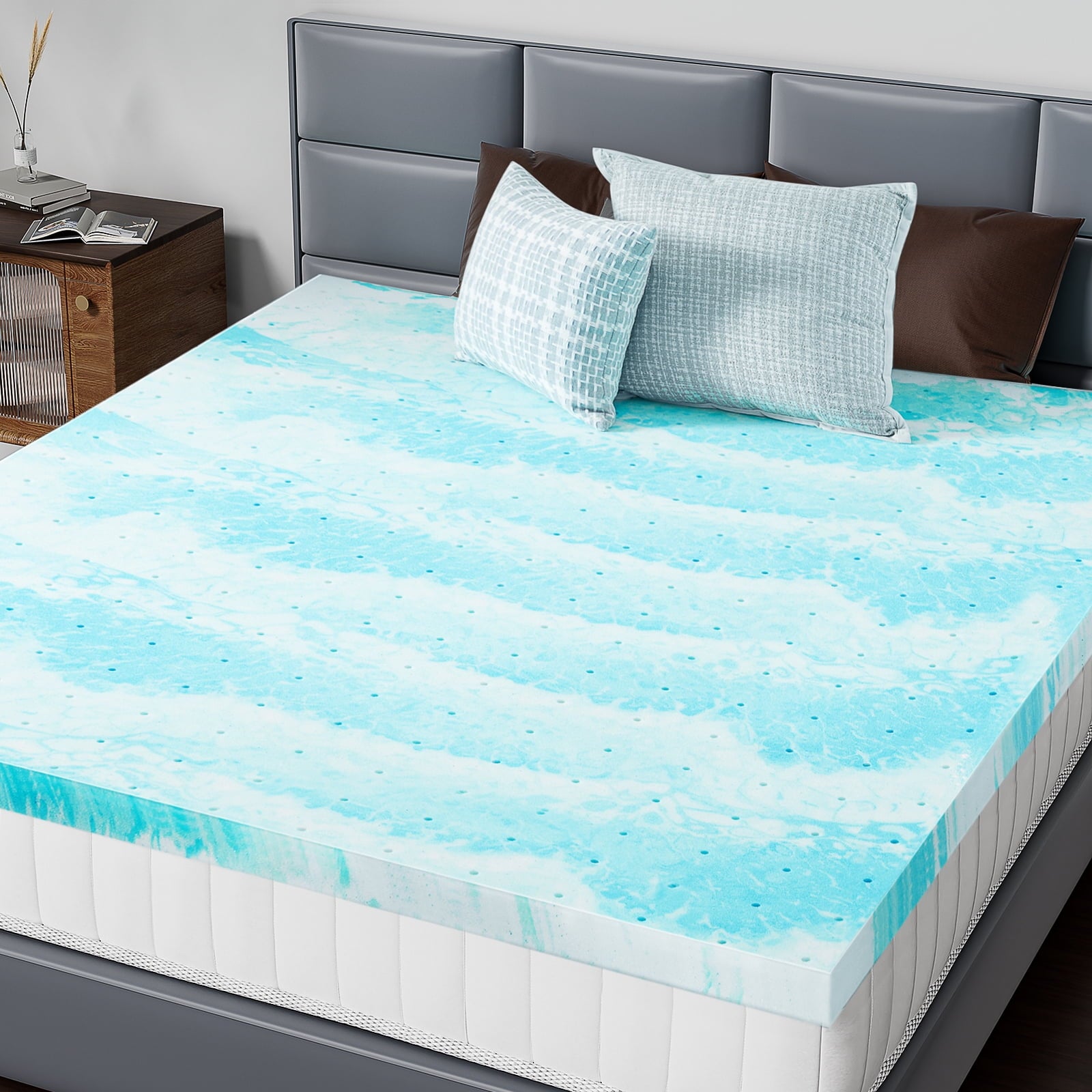 JIOABL  Memory Foam Mattress Topper with Cooling Gel, CertiPUR-US Certified, Pressure Relief & Breathable Comfort Bed Topper, Queen Size, 0 of 8     JIOABL JIOABL 4-Inch Memory Foam Mattress Topper with Cooling Gel, CertiPUR-US Certified, Pressure Relief