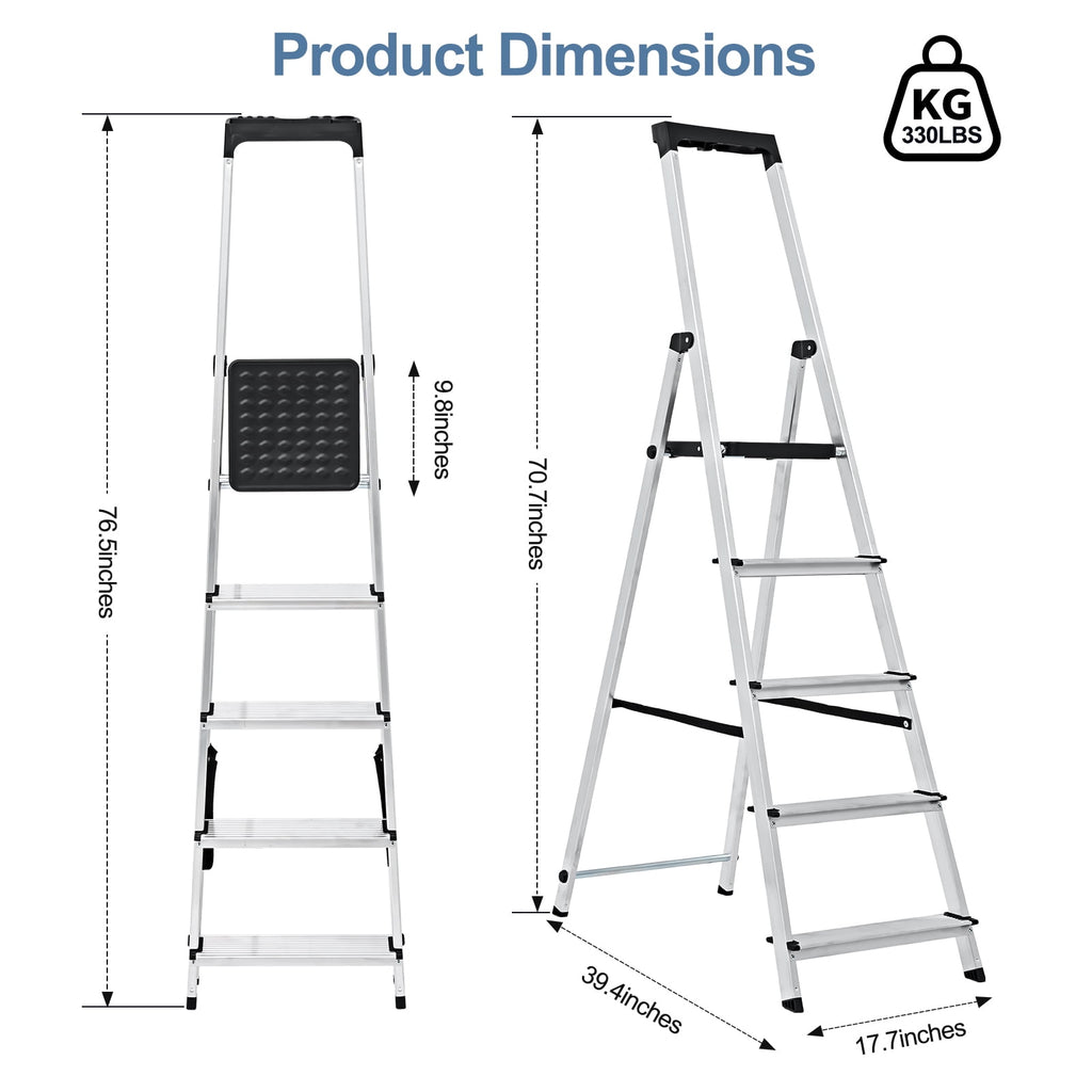 JIOABL Aluminum Folding Ladder, 330 lbs Capacity with Wide Non-Slip Steps, Steel Platform, Slim Fold Design