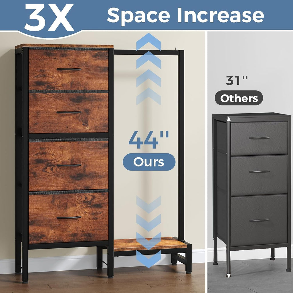 JIOABL 4 Drawer Dresser with Hanging Rack, Steel Frame, Fabric Drawers, Tall Storage Organizer for Bedroom