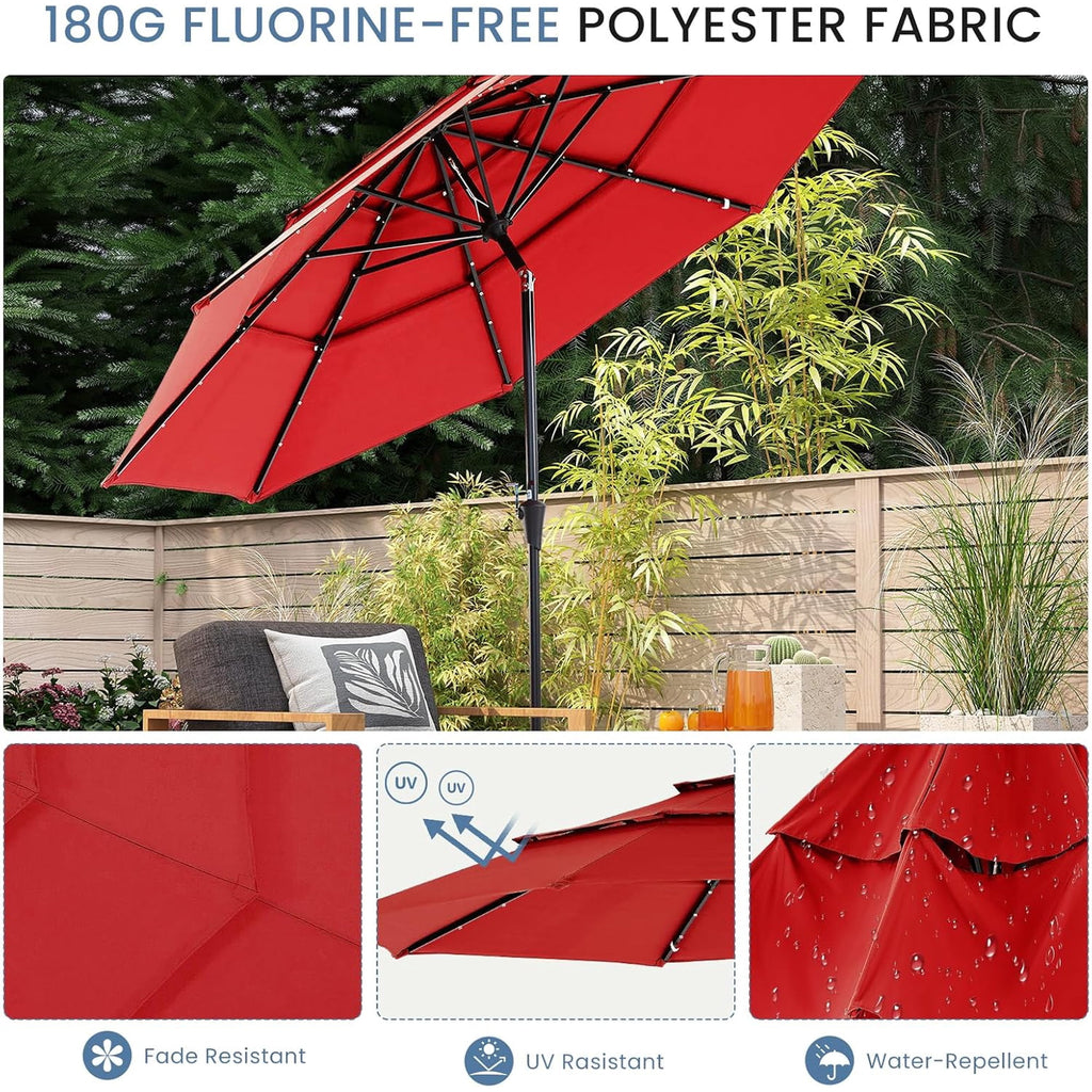 JIOABL 10FT Solar LED Patio Umbrella with Tilt & Vent, 32 LED Lights, 8 Ribs, UV-Resistant & Water-Resistant for Garden, Deck, Patio