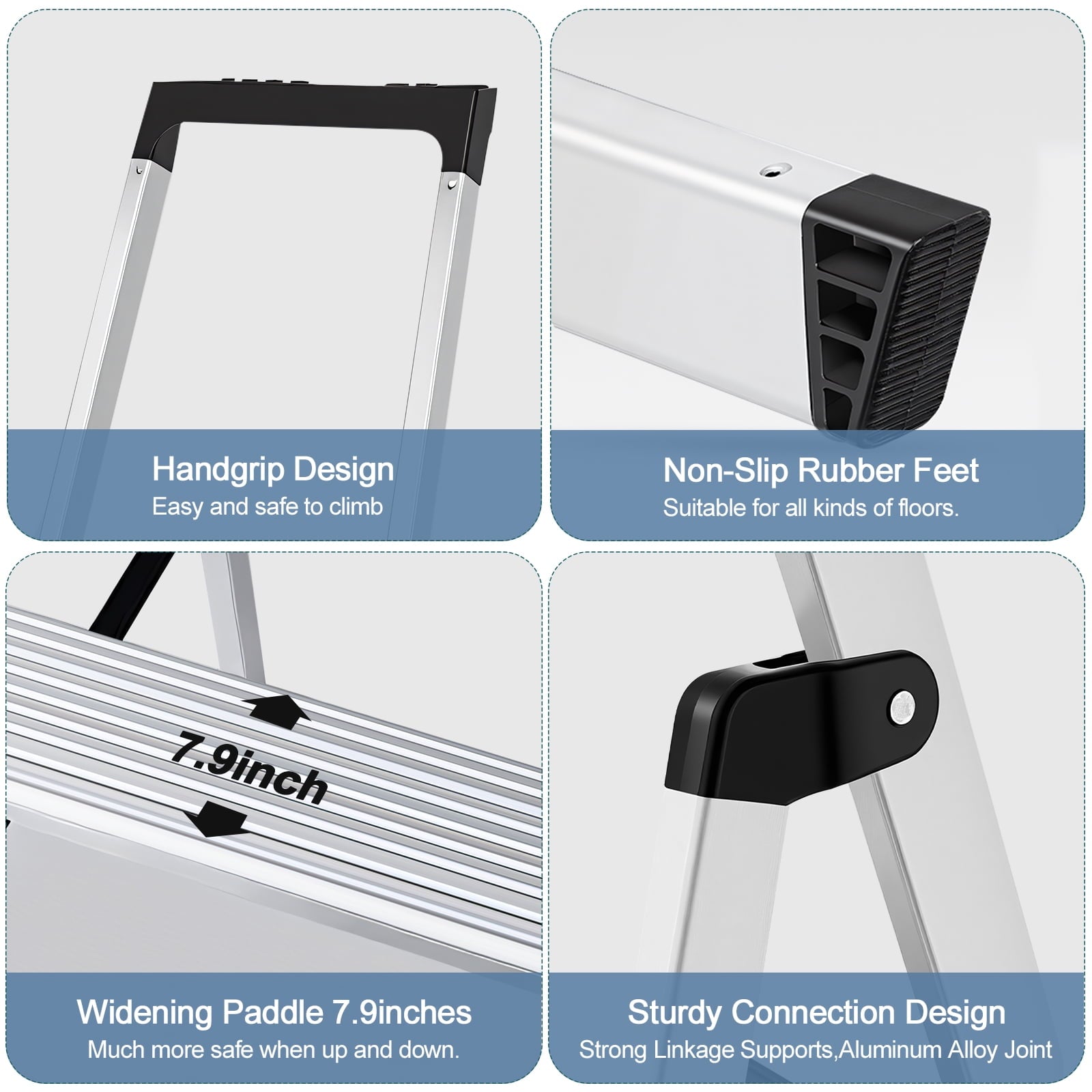 JIOABL Aluminum Folding Ladder, 330 lbs Capacity with Wide Non-Slip Steps, Steel Platform, Slim Fold Design