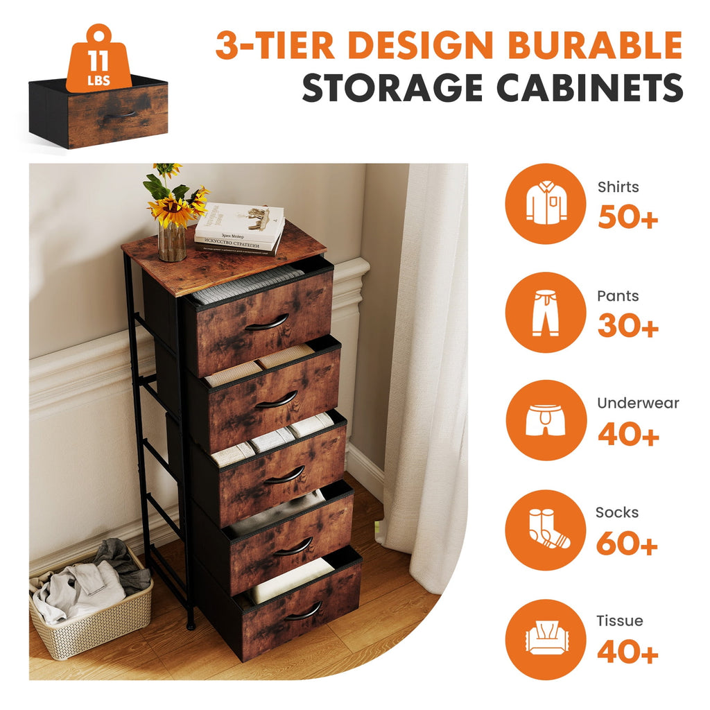 JIOABL 5-Drawer Fabric Dresser with Metal Frame and Wooden Top TV Stand - Perfect for Clothes, Living Room, Hallway, Entryway