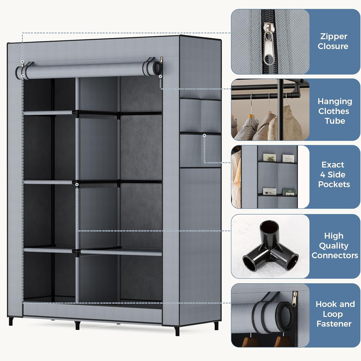 JIOABL Portable Clothes Rack with Shelves, Freestanding Closet Organizer with Hanging Rods for Bedroom, Entryway
