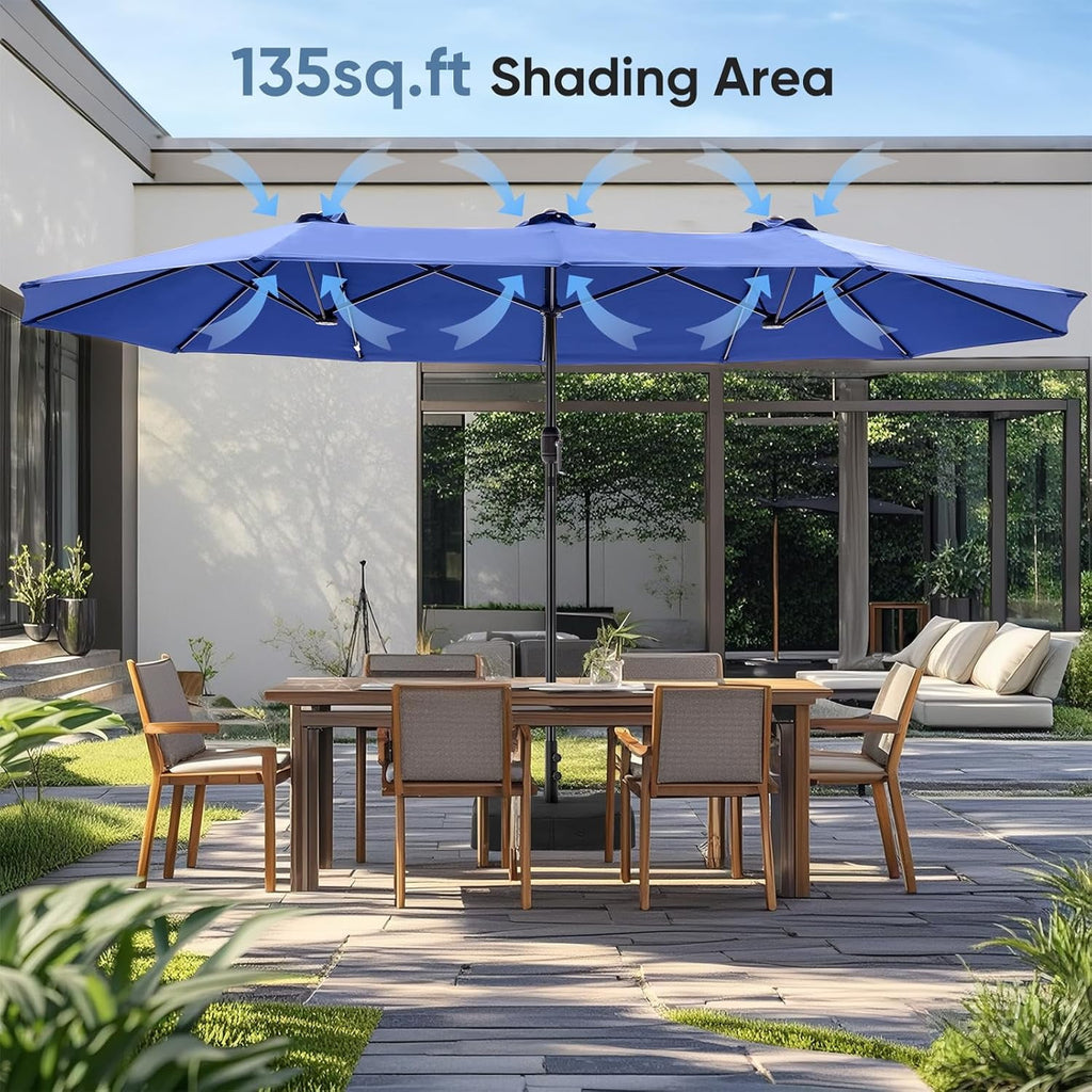 JIOABL 15FT Triple Head Patio Umbrella with Base & Sandbags, Large Outdoor Umbrella with Crank, 12 Ribs, UV-Resistant & Ventilated Canopy