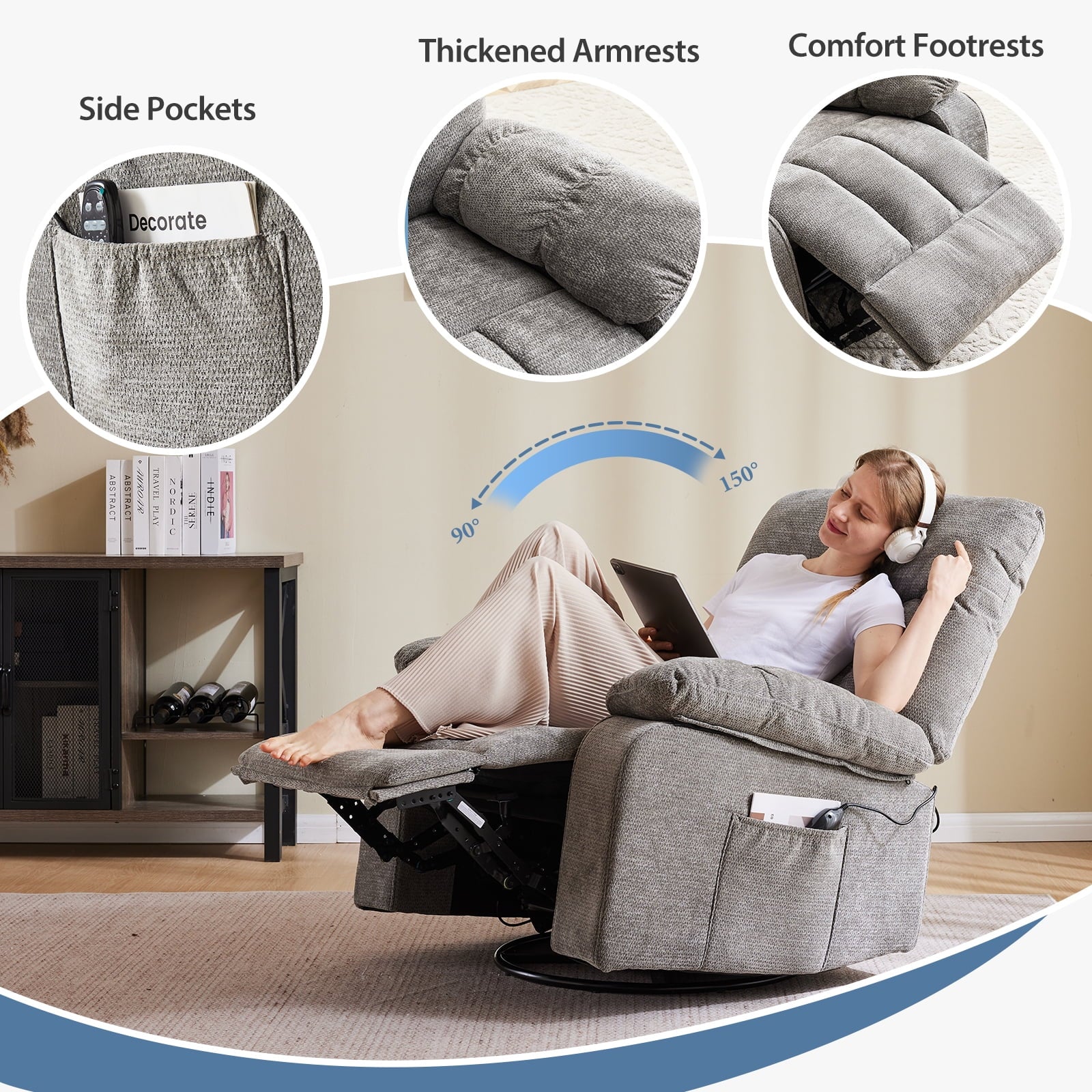 JIOABL Swivel Rocker Recliner Chair with Massage and Heat, Adjustable Recline, Chenille Fabric