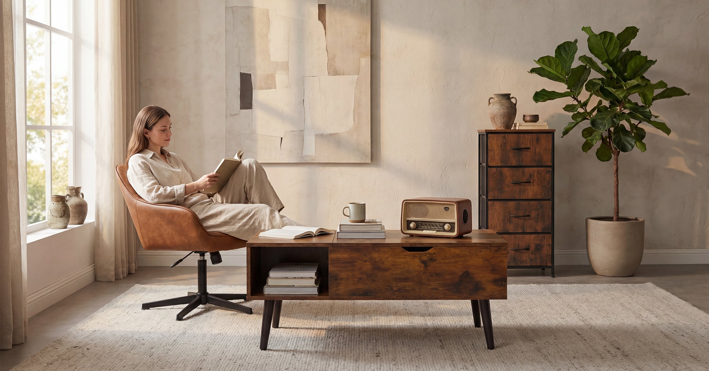 Woman reading a book in a cozy living room with a wooden coffee table and decorative items.