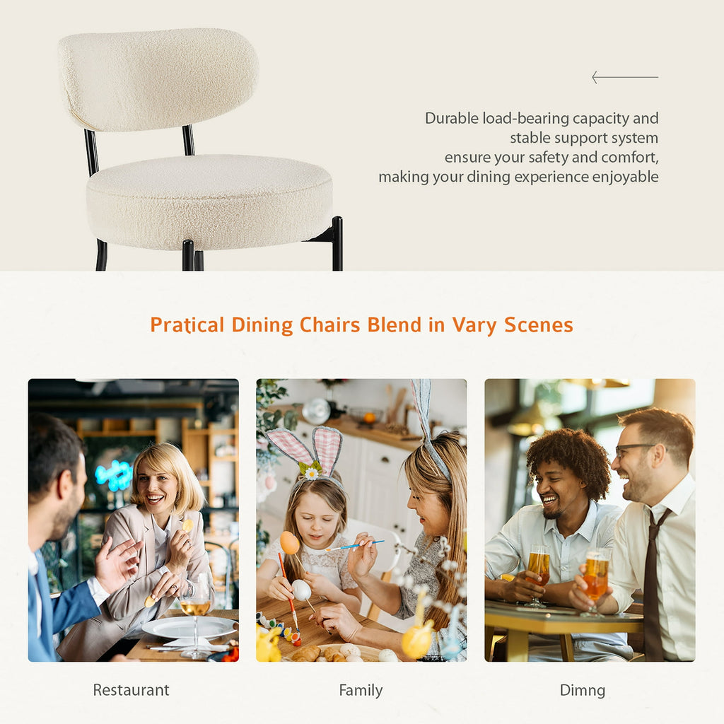 JIOABL Dining Chairs, Boucle Upholstered Kitchen Chairs with Curved Backrest & Metal Legs, Mid Century Modern Round Dining Room Chairs for Vanity, Living Room