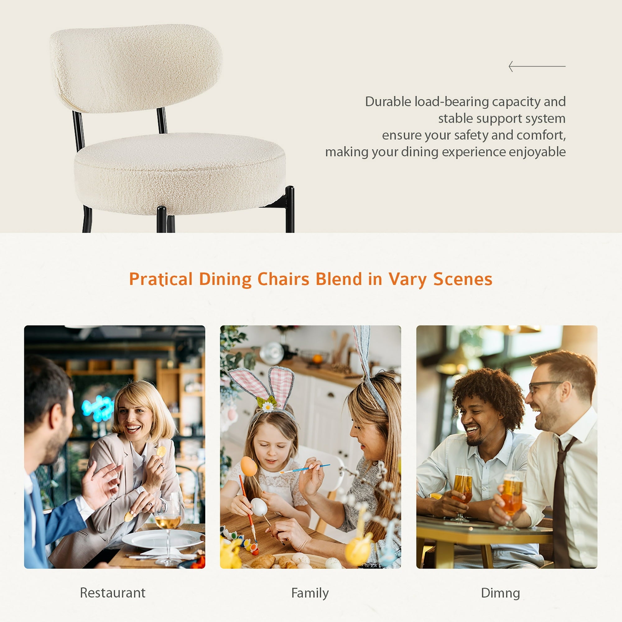 JIOABL Dining Chairs, Boucle Upholstered Kitchen Chairs with Curved Backrest & Metal Legs, Mid Century Modern Round Dining Room Chairs for Vanity, Living Room