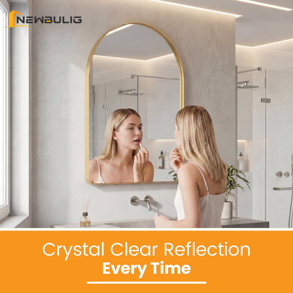 JIOABL Arched-Top Rectangular Wall-Mounted Mirror – Aluminum Frame, HD Tempered Glass, Perfect for Bathroom, Bedroom & Living Room