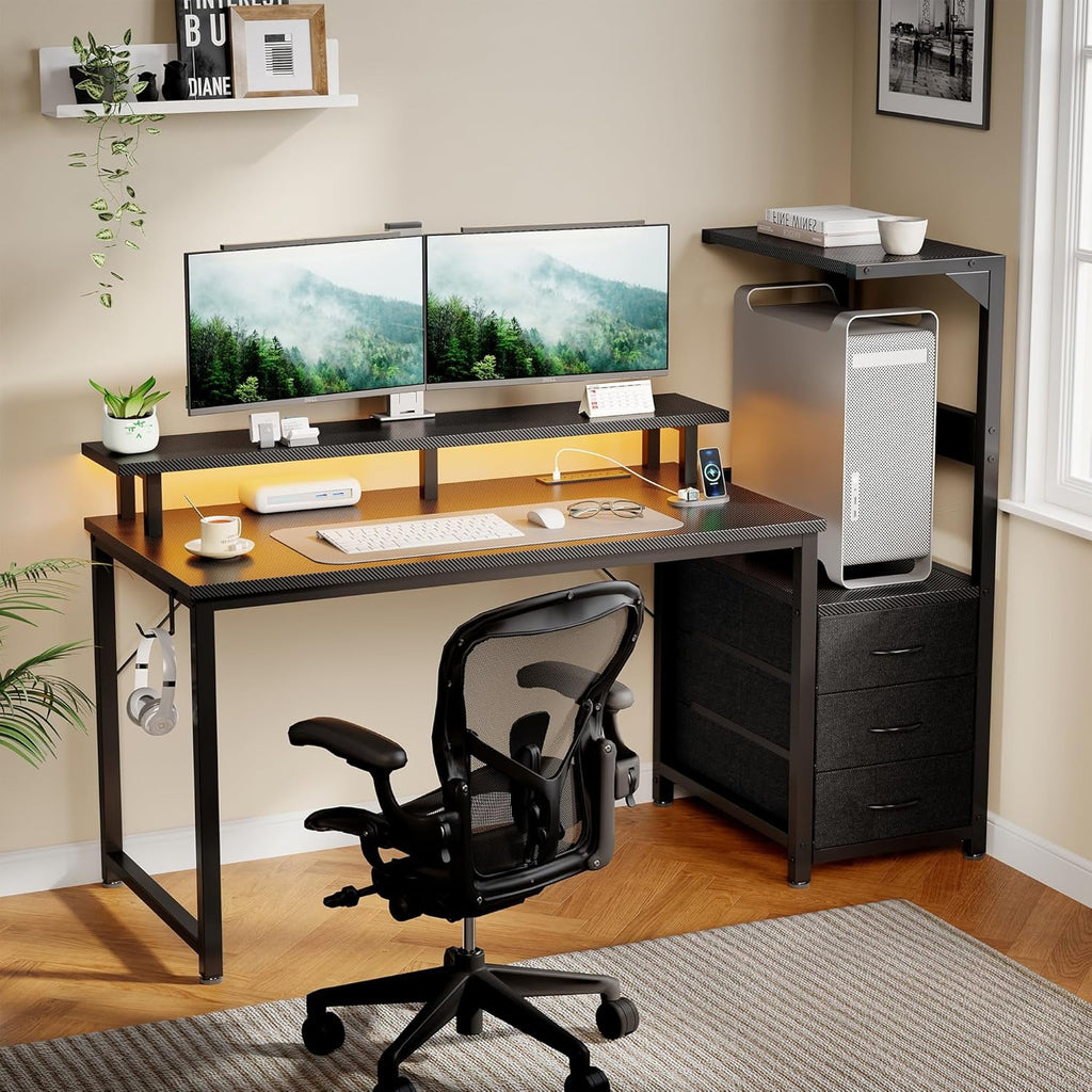 JIOABL Gaming Desk with RGB LED, Built-in Charging Station, Ergonomic Monitor Stand, Storage Drawers, Reversible Shelf, for Teens & Adults