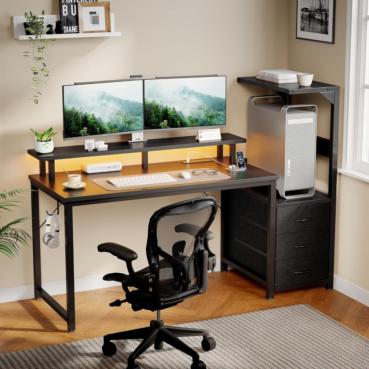JIOABL Gaming Desk with RGB LED, Built-in Charging Station, Ergonomic Monitor Stand, Storage Drawers, Reversible Shelf, for Teens & Adults