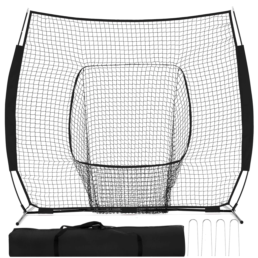 JIOABL 7 ft x 7 ft Baseball & Softball Practice Net with Bow Frame, Carry Bag & Strike Zone Target, for Hitting Pitching, Black