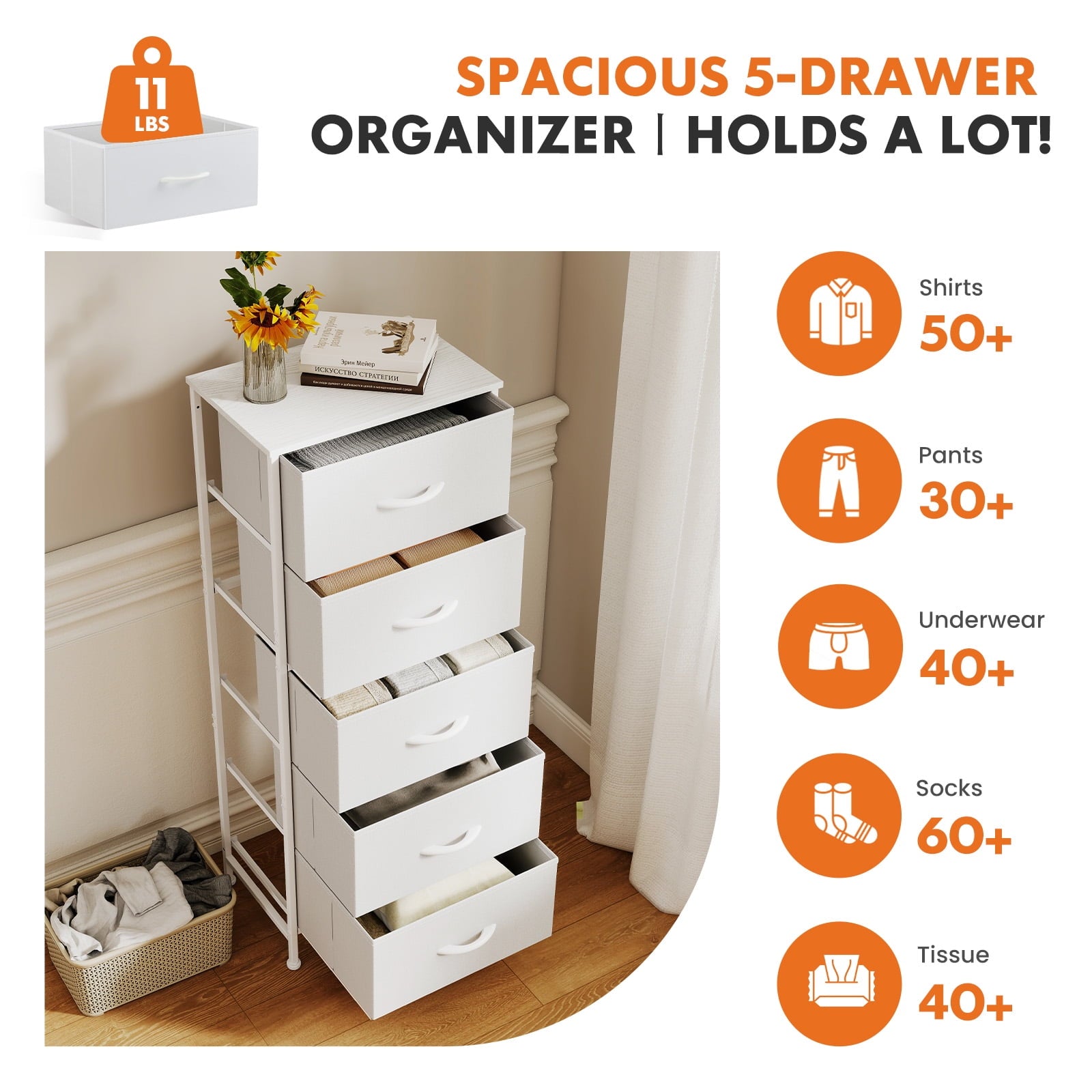 JIOABL 5-Drawer Fabric Dresser with Metal Frame and Wooden Top TV Stand - Perfect for Clothes, Living Room, Hallway, Entryway