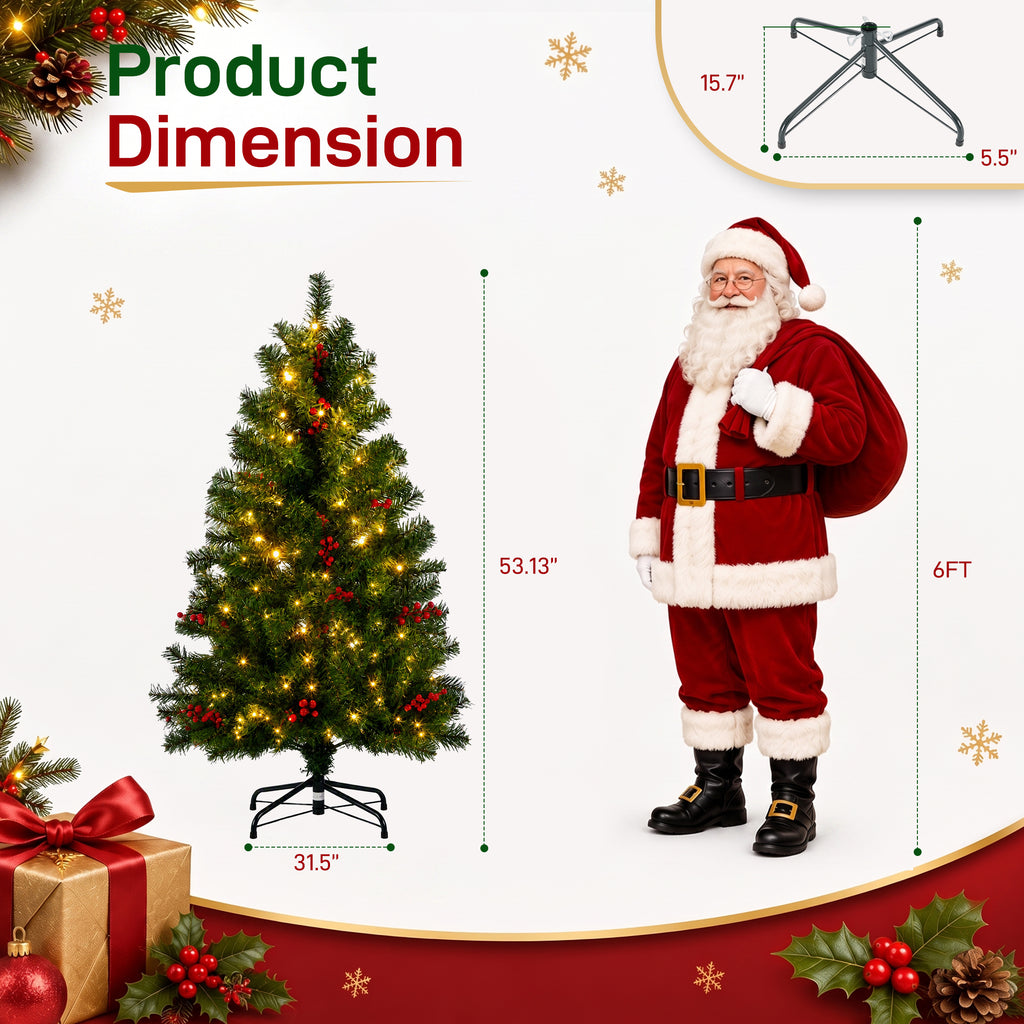 JIOABL Pre-Lit Artificial Spruce Christmas Tree, Pre-Decorated with Pinecones & Berries, Sturdy Metal Stand Base