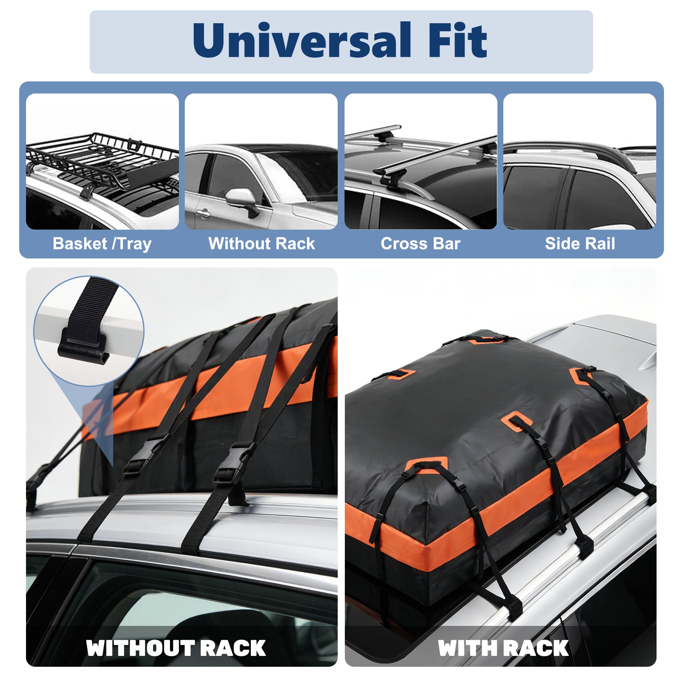 JIOABL Waterproof Car Roof Bag, 15 Cu Ft Rooftop Cargo Carrier with 6 Safety Hooks, Anti-Slip Mat, Lock, and Storage Bag for Cars & SUVs