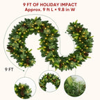 JIOABL 9 ft Pre-Lit Christmas Garland with Warm LED Lights, Artificial Pine Garland for Mantel, Staircase, Doorway and Holiday Decor
