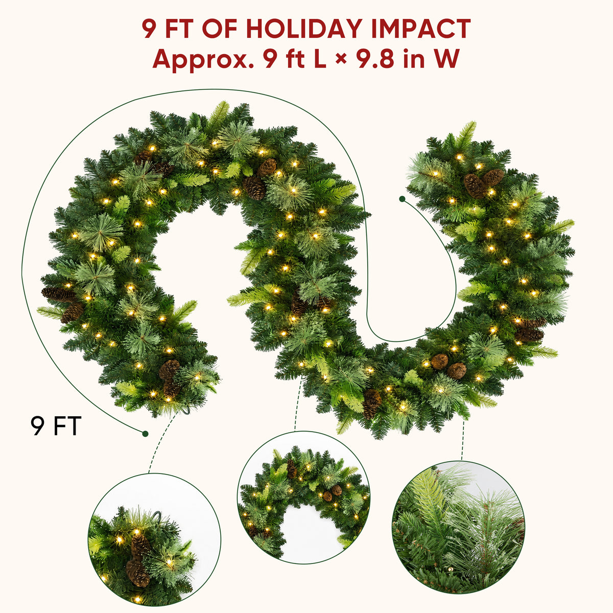 JIOABL 9 ft Pre-Lit Christmas Garland with Warm LED Lights, Artificial Pine Garland for Mantel, Staircase, Doorway and Holiday Decor