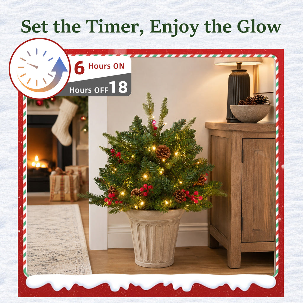 JIOABL Lighted Christmas Urn Filler, 24 in Artificial Pine Branches with 50 Warm White LEDs, 8 Modes and Timer, Indoor Outdoor Decor