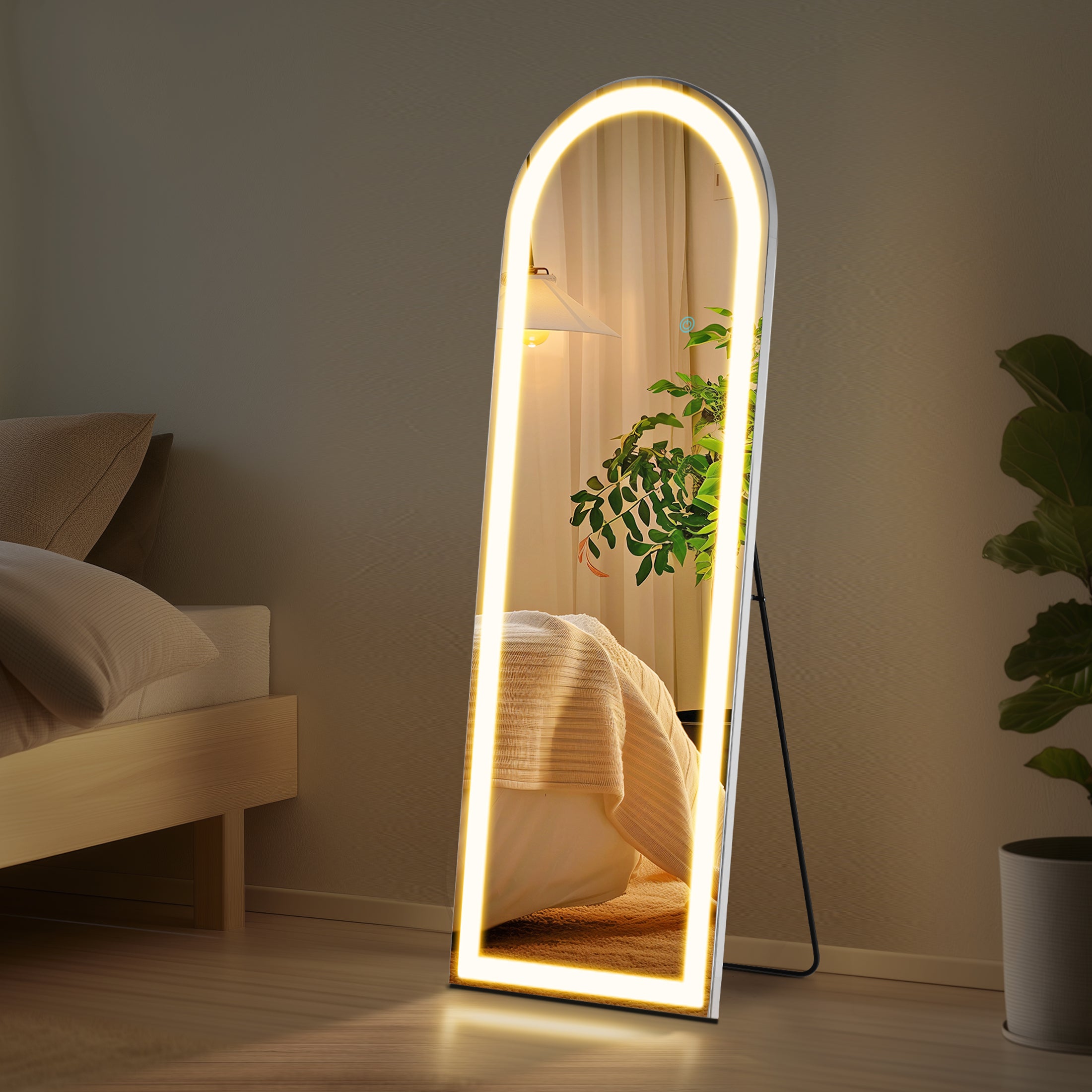 MCQ Arched Full Length Mirror with LED Lights, Lighted Floor Mirror with Stand, 3 Color Lighting For Bedroom Dressing Room Cloakroom, White