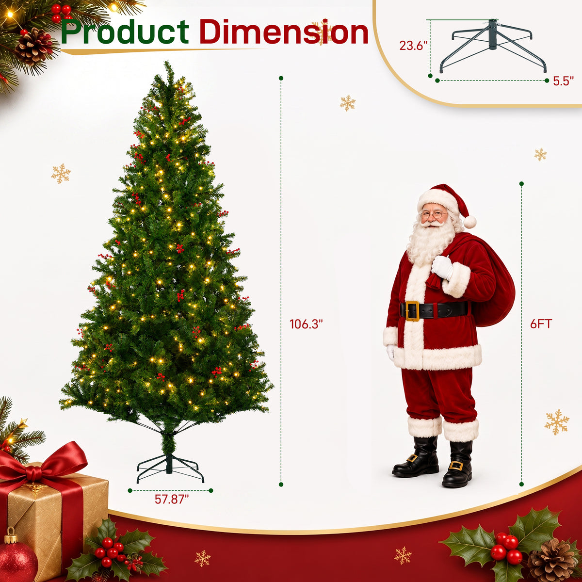 JIOABL Pre-Lit Artificial Spruce Christmas Tree, Pre-Decorated with Pinecones & Berries, Sturdy Metal Stand Base