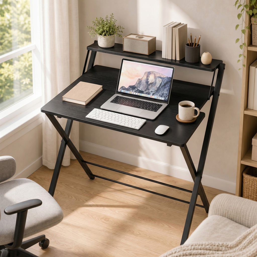 JIOABL No Assembly Folding Desk with Shelf – 2-Tier Compact Space-Saving Laptop Computer Table, Portable Study Workstation for Small Apartment, Dorm, Bedroom & Home Office