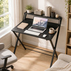 JIOABL No Assembly Folding Desk with Shelf – 2-Tier Compact Space-Saving Laptop Computer Table, Portable Study Workstation for Small Apartment, Dorm, Bedroom & Home Office