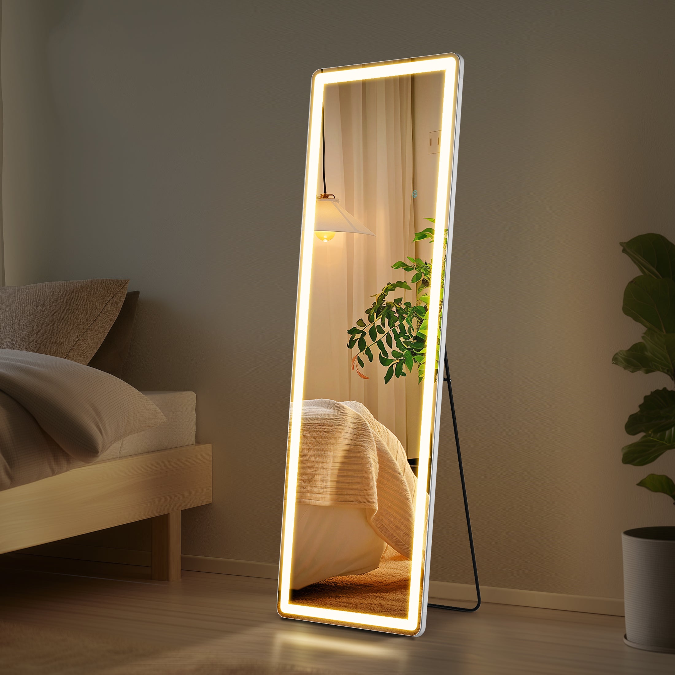 MCQ Arched Full Length Mirror with LED Lights, Lighted Floor Mirror with Stand, 3 Color Lighting For Bedroom Dressing Room Cloakroom, White