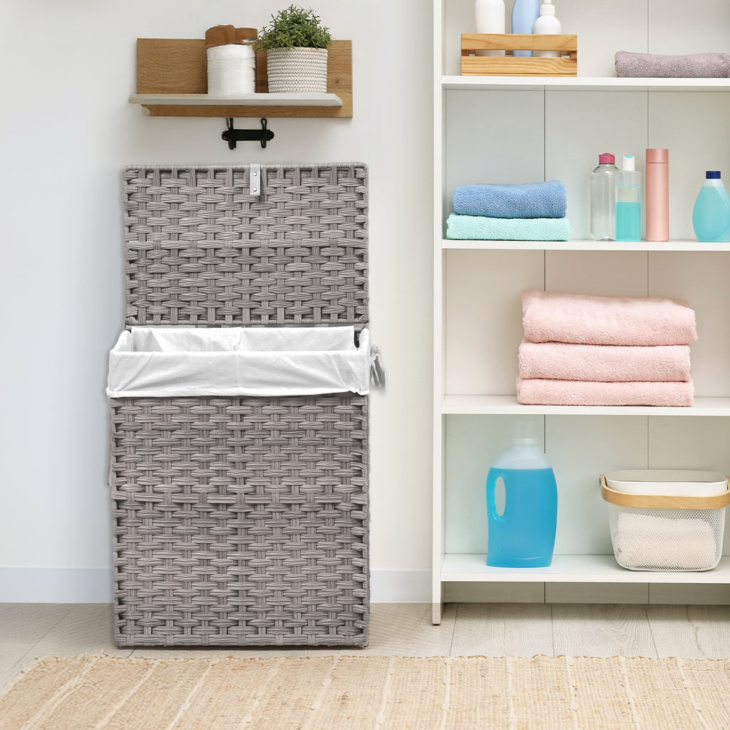 JIOABL Laundry Hamper with Lid, Clothes Hamper with Removable Liner Bags, Synthetic Rattan Laundry Basket for Clothes Toys in Bathroom Bedroom