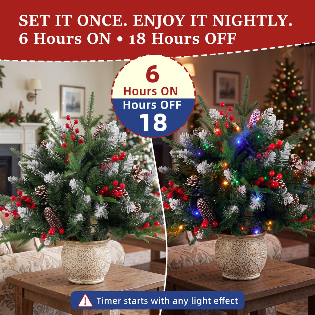 JIOABL Lighted Christmas Urn Filler, 24 in Artificial Pine Branches with 50 Warm White LEDs, 8 Modes and Timer, Indoor Outdoor Decor