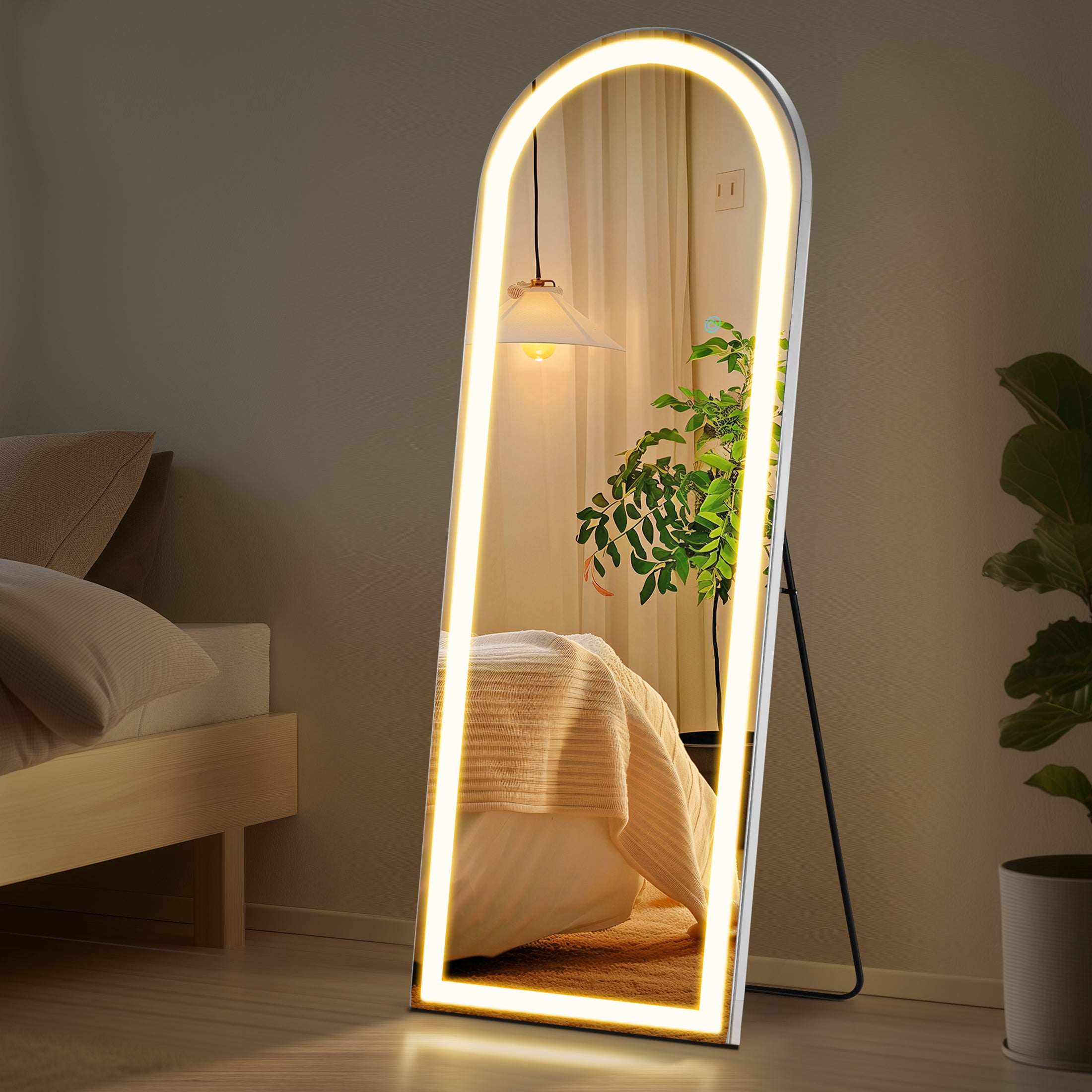 MCQ Arched Full Length Mirror with LED Lights, Lighted Floor Mirror with Stand, 3 Color Lighting For Bedroom Dressing Room Cloakroom, White