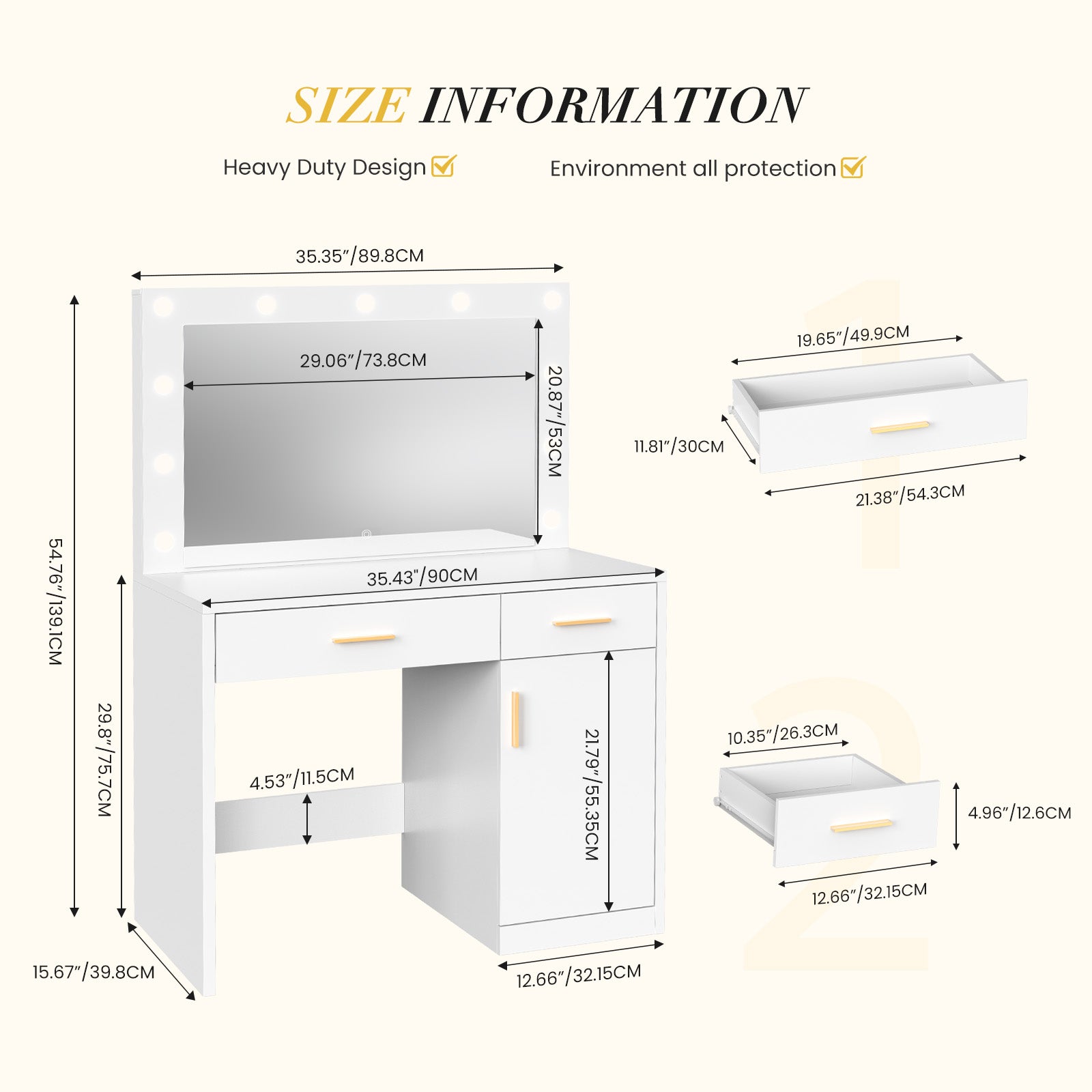 JIOABL Dressing Table with Mirror and Light, Adjustable Brightness Dressing Table with Drawers and Storage Shelves, White