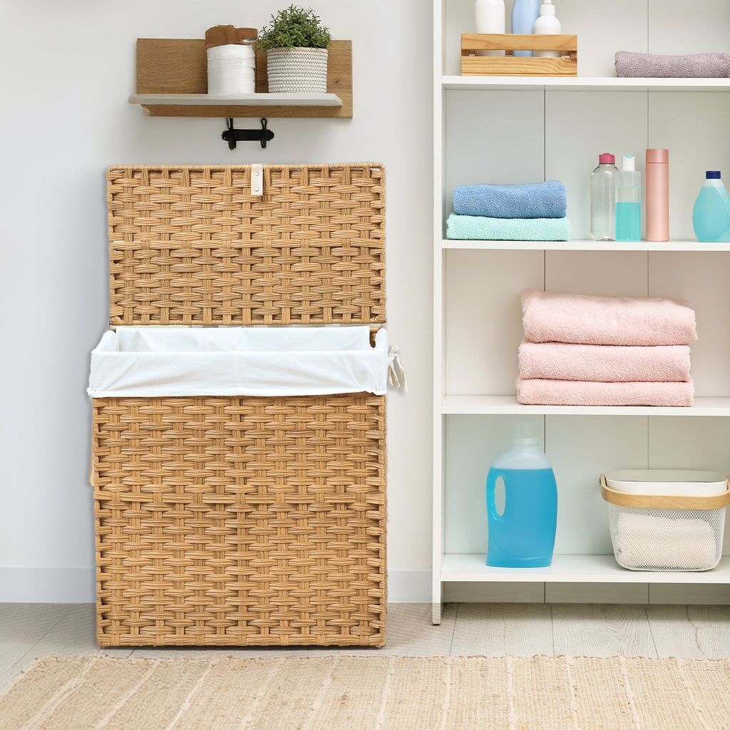 JIOABL Laundry Hamper with Lid, Clothes Hamper with Removable Liner Bags, Synthetic Rattan Laundry Basket for Clothes Toys in Bathroom Bedroom