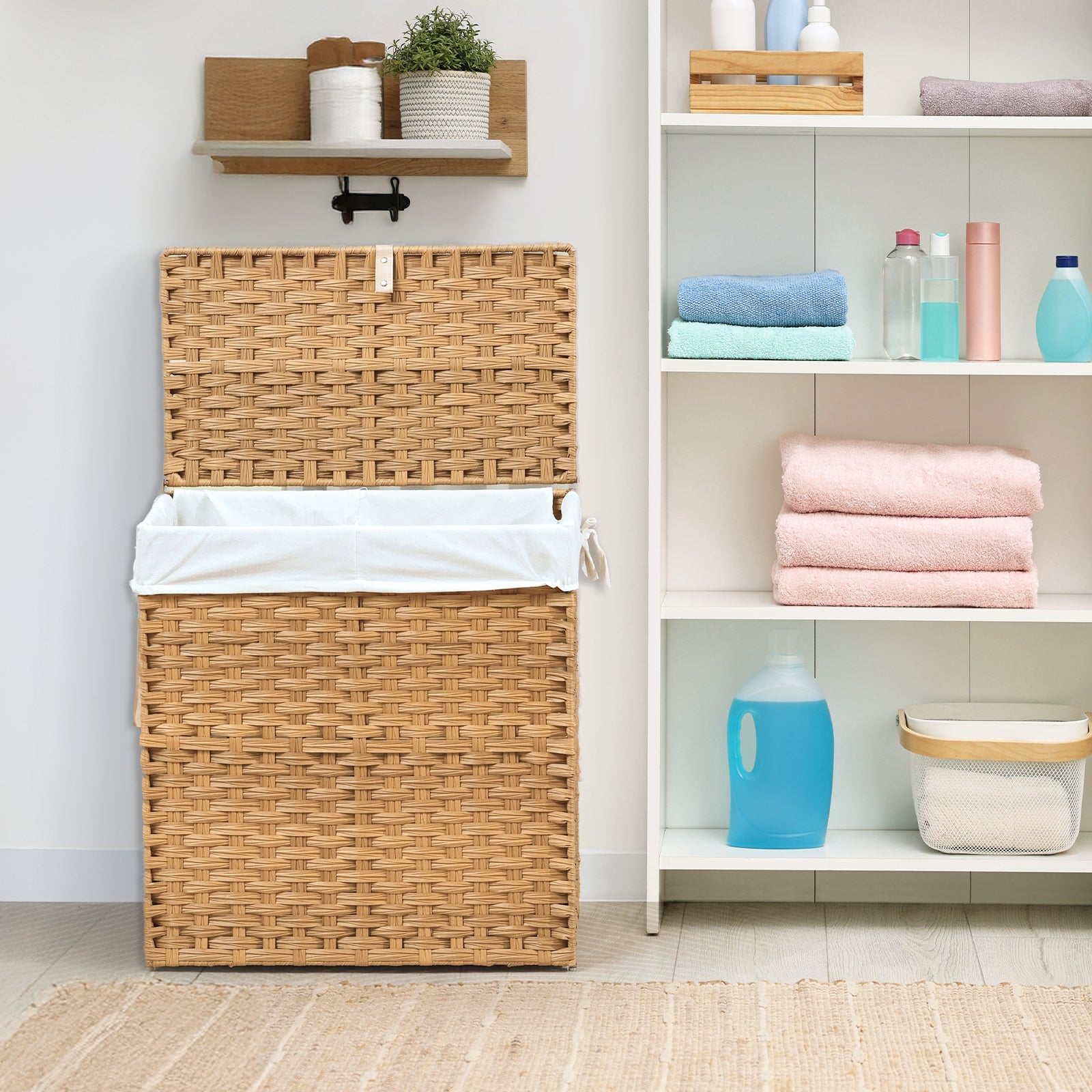 JIOABL Laundry Hamper with Lid, Clothes Hamper with Removable Liner Bags, Synthetic Rattan Laundry Basket for Clothes Toys in Bathroom Bedroom